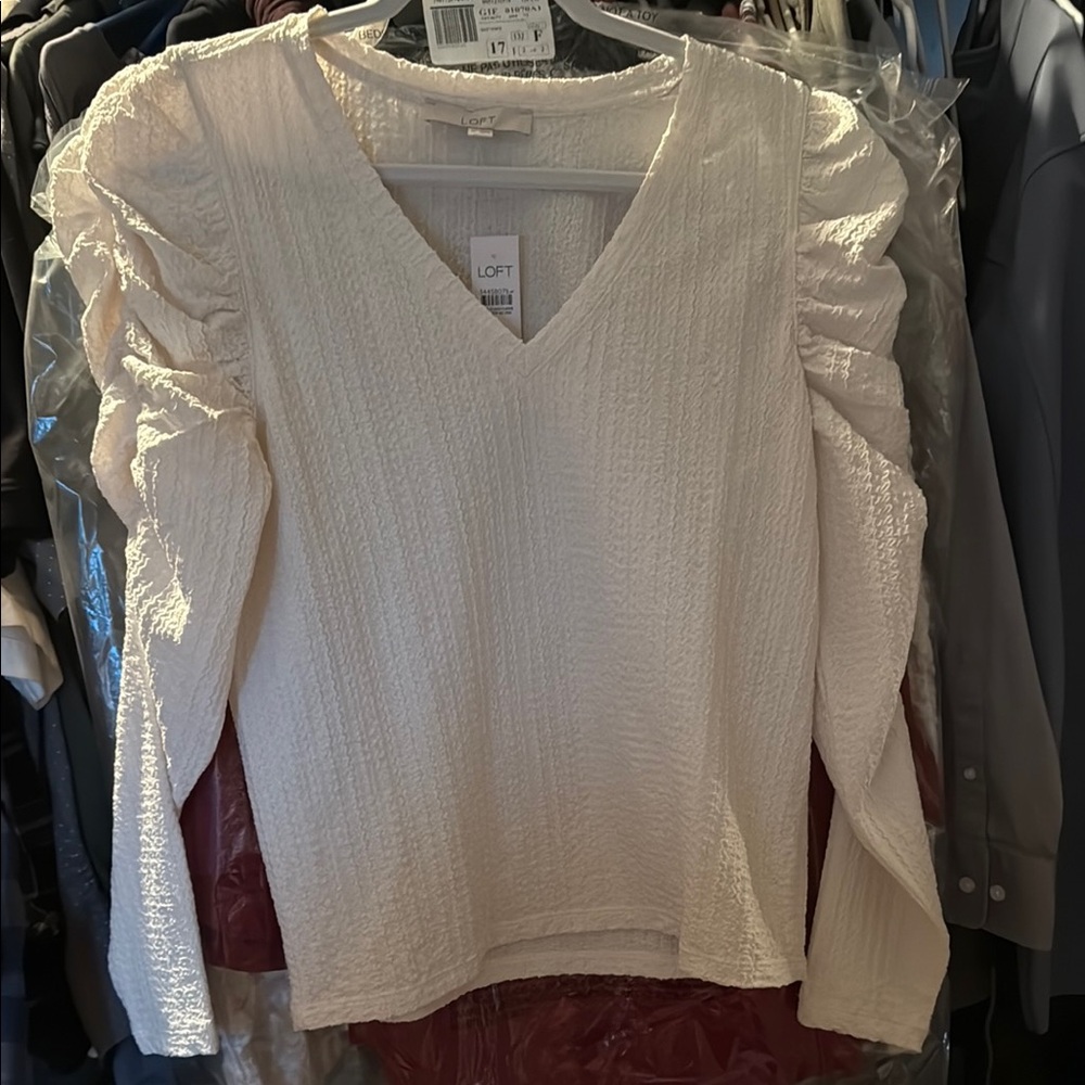 LOFT Cream Textured V-Neck Blouse